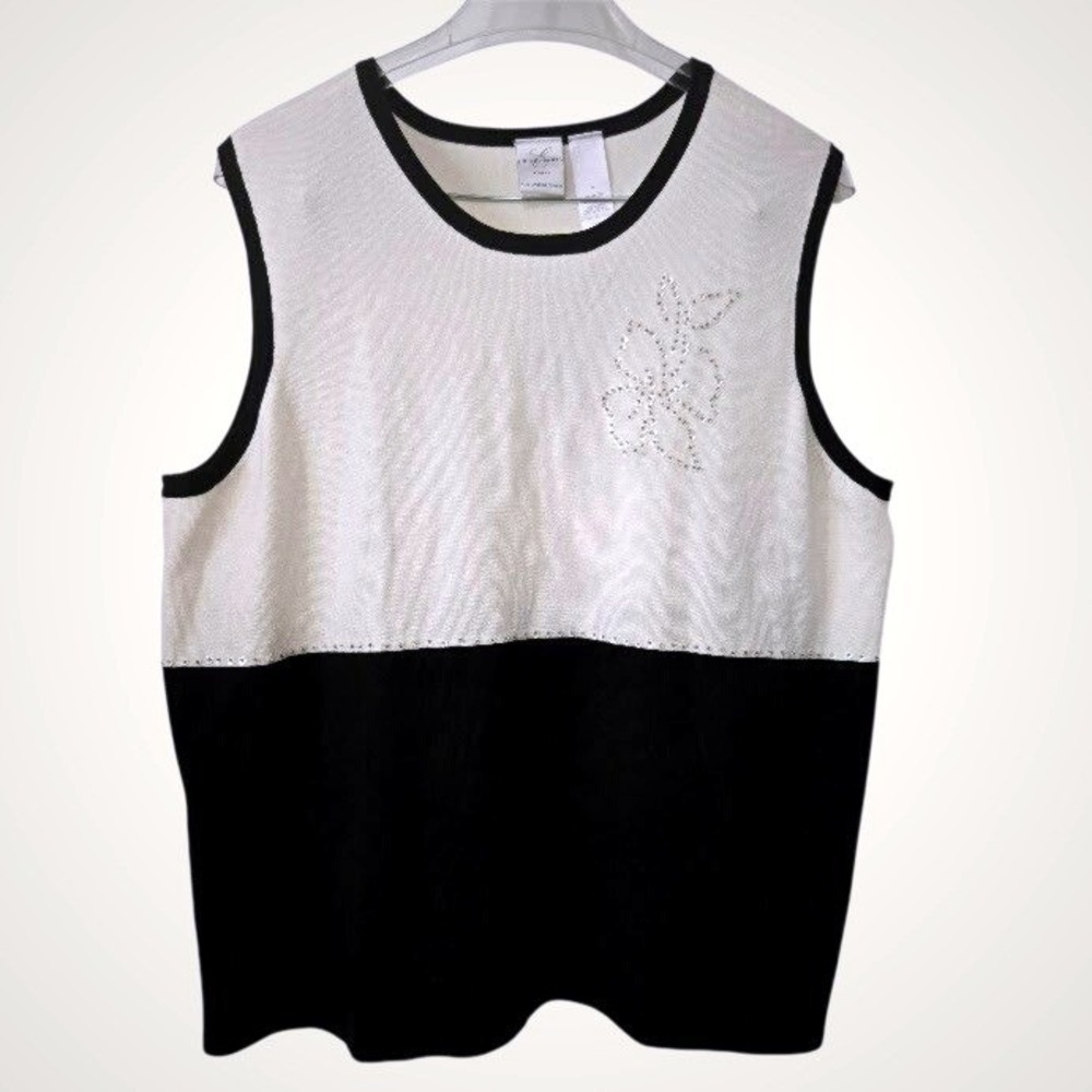 Emma James Woman Womens Knit Shell Top Sequin Floral Colorblock Cream Black Sz 2